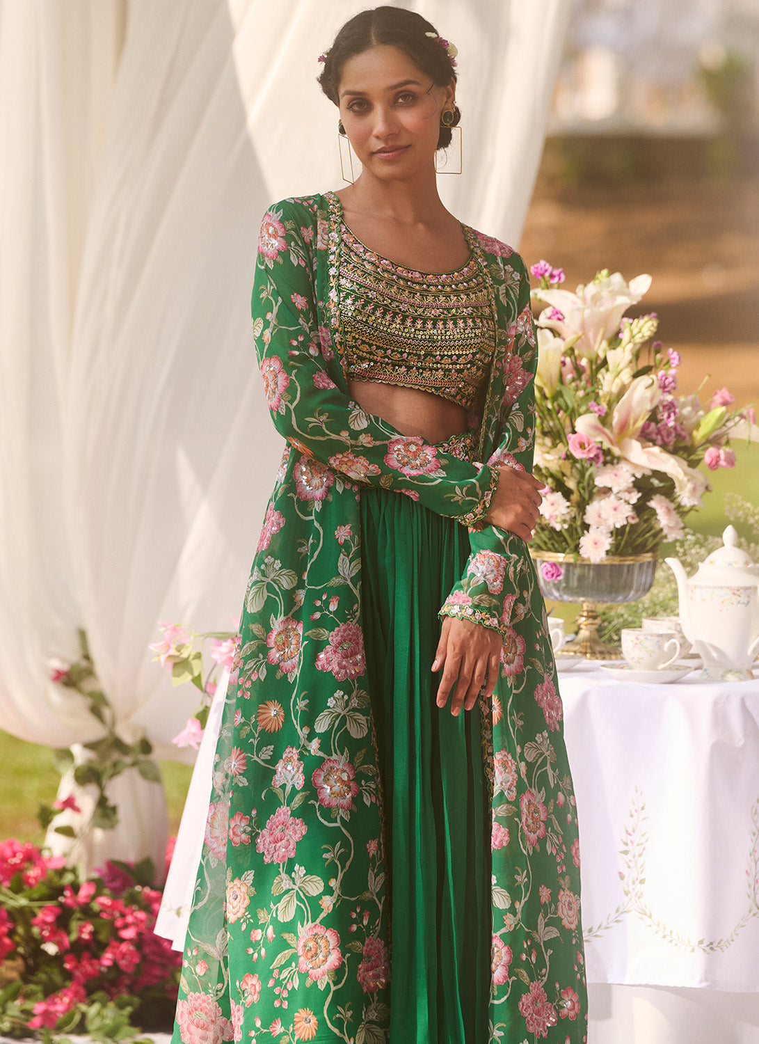 Green Floral Embroidered Pant Set With Jacket