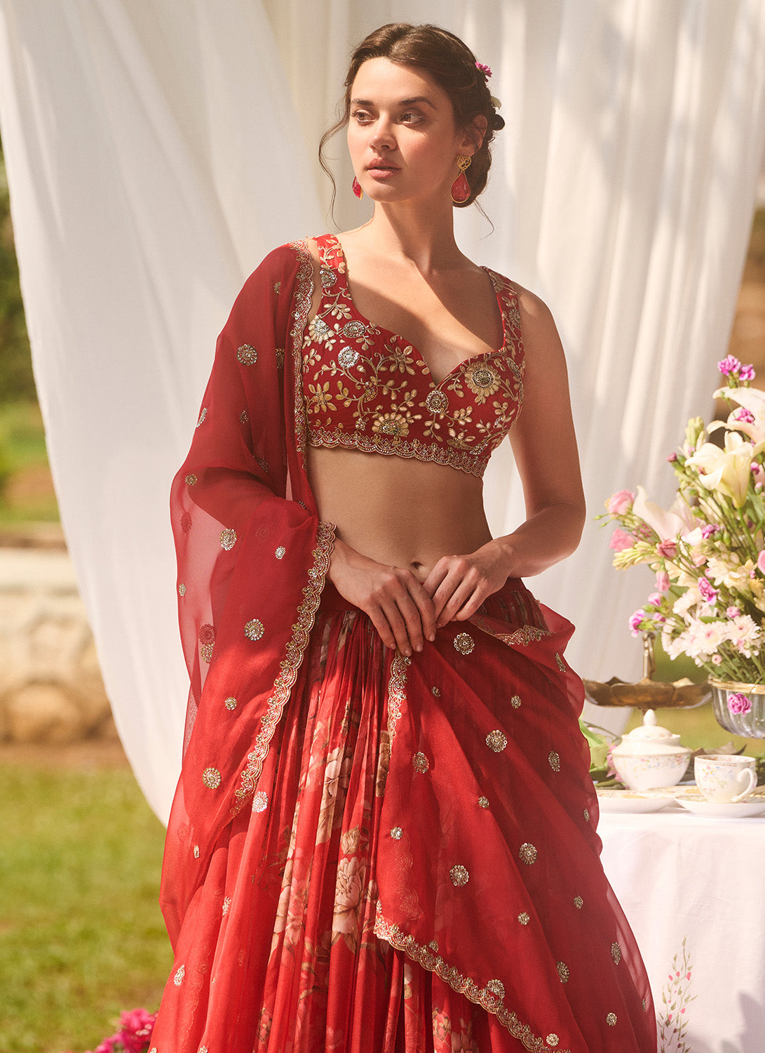 Red Multicolor Floral Embroidered Lehenga