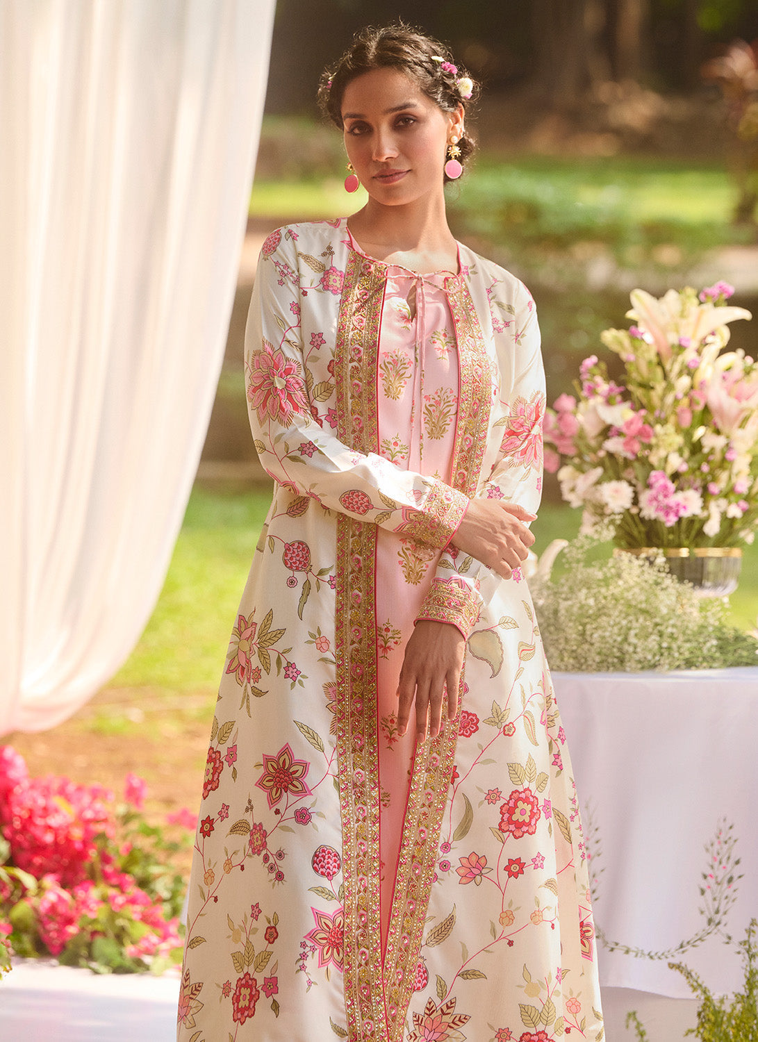Ivory and Pink Floral Embroidered Pant Set With Jacket