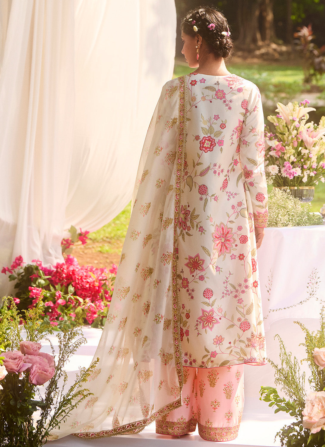 Ivory and Pink Floral Embroidered Pant Set With Jacket