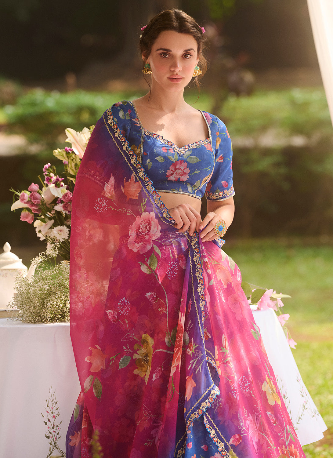 Blue Multicolor Floral Printed Chiffon Lehenga