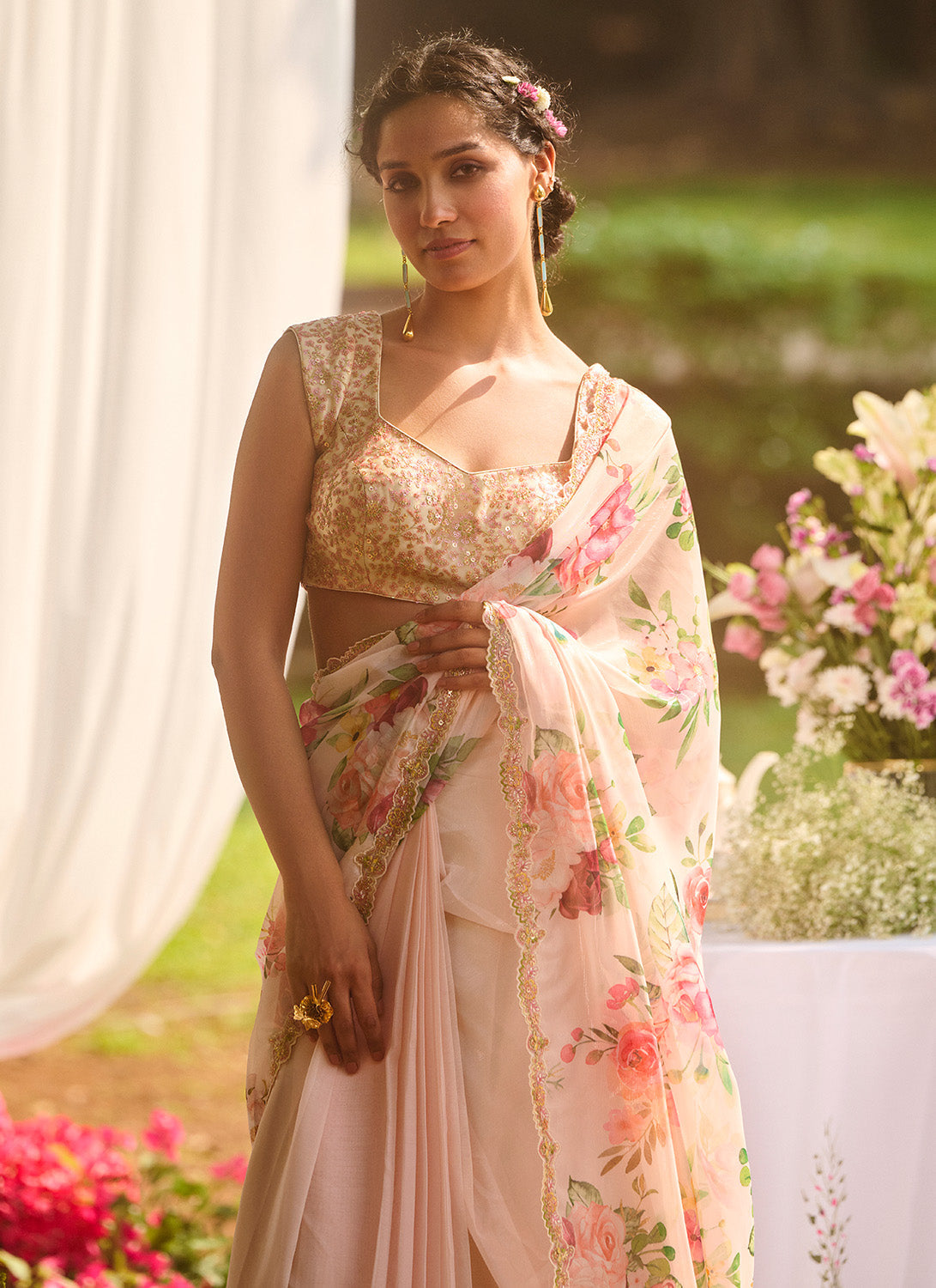 Ivory Multicolor Floral Embroidered Saree