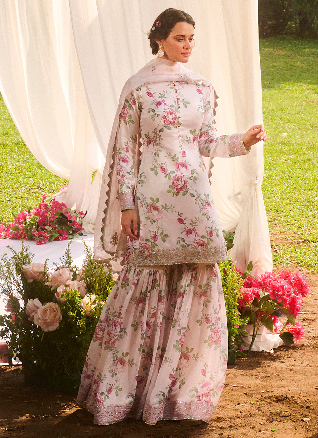 Ivory Multicolor Floral Printed Gharara Suit