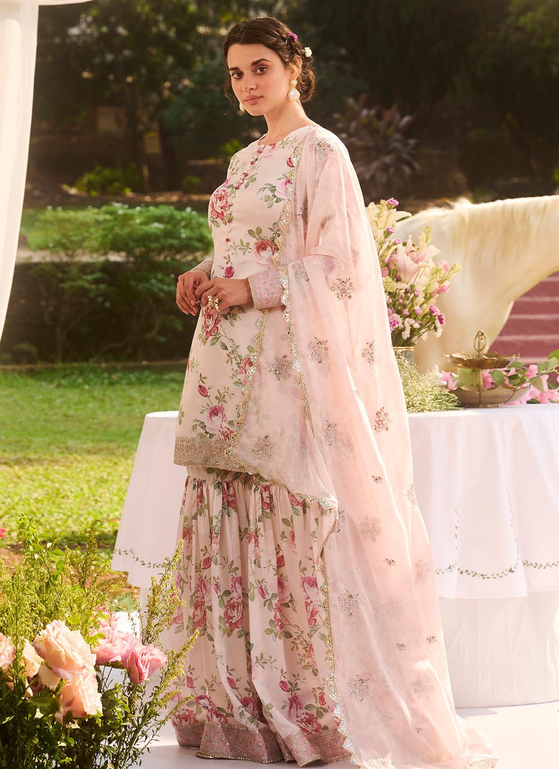 Ivory Multicolor Floral Printed Gharara Suit