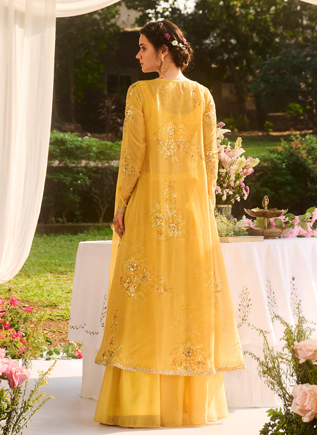 Yellow Floral Embroidered Pant Set With Jacket