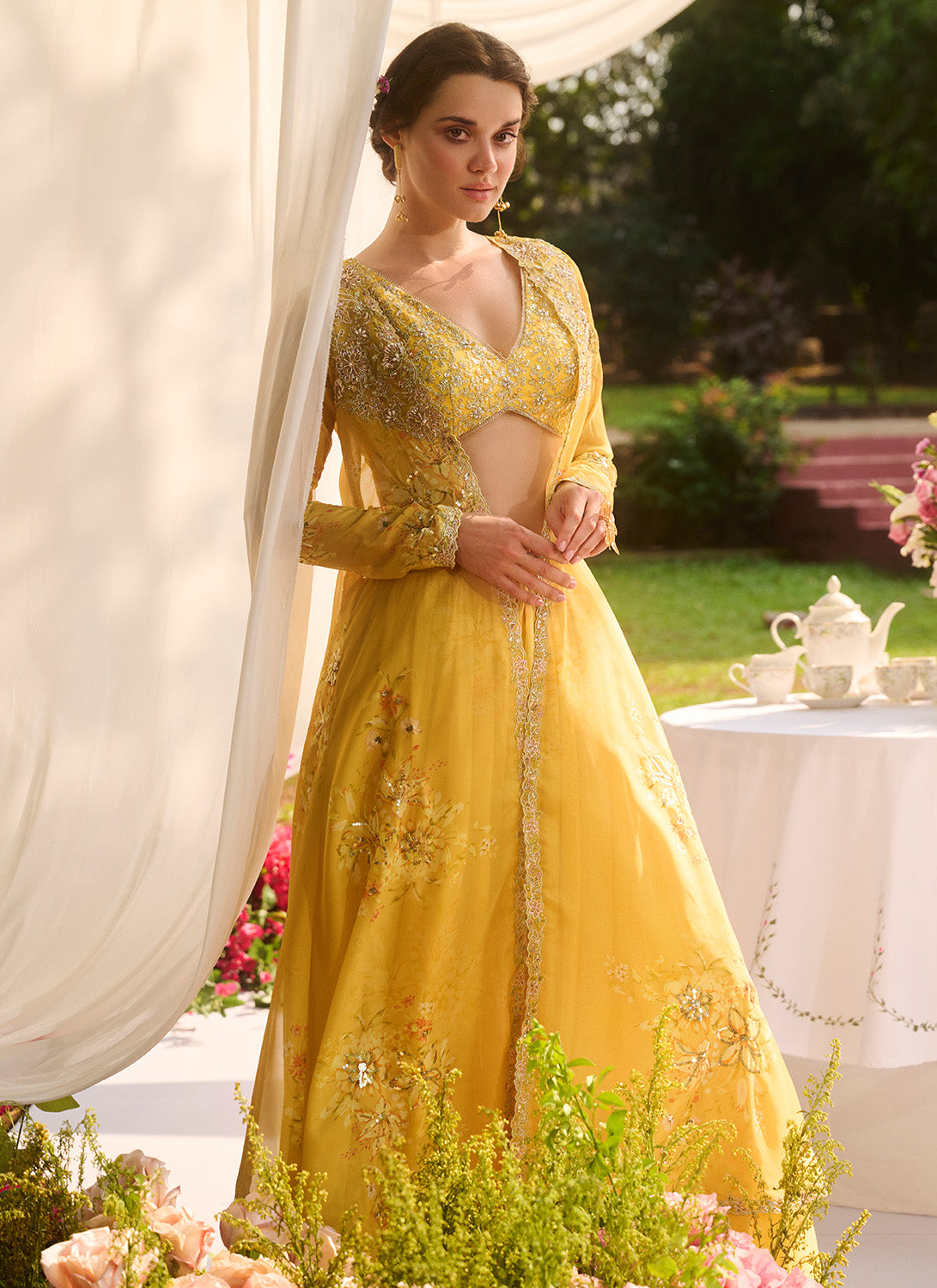 Yellow Floral Embroidered Pant Set With Jacket