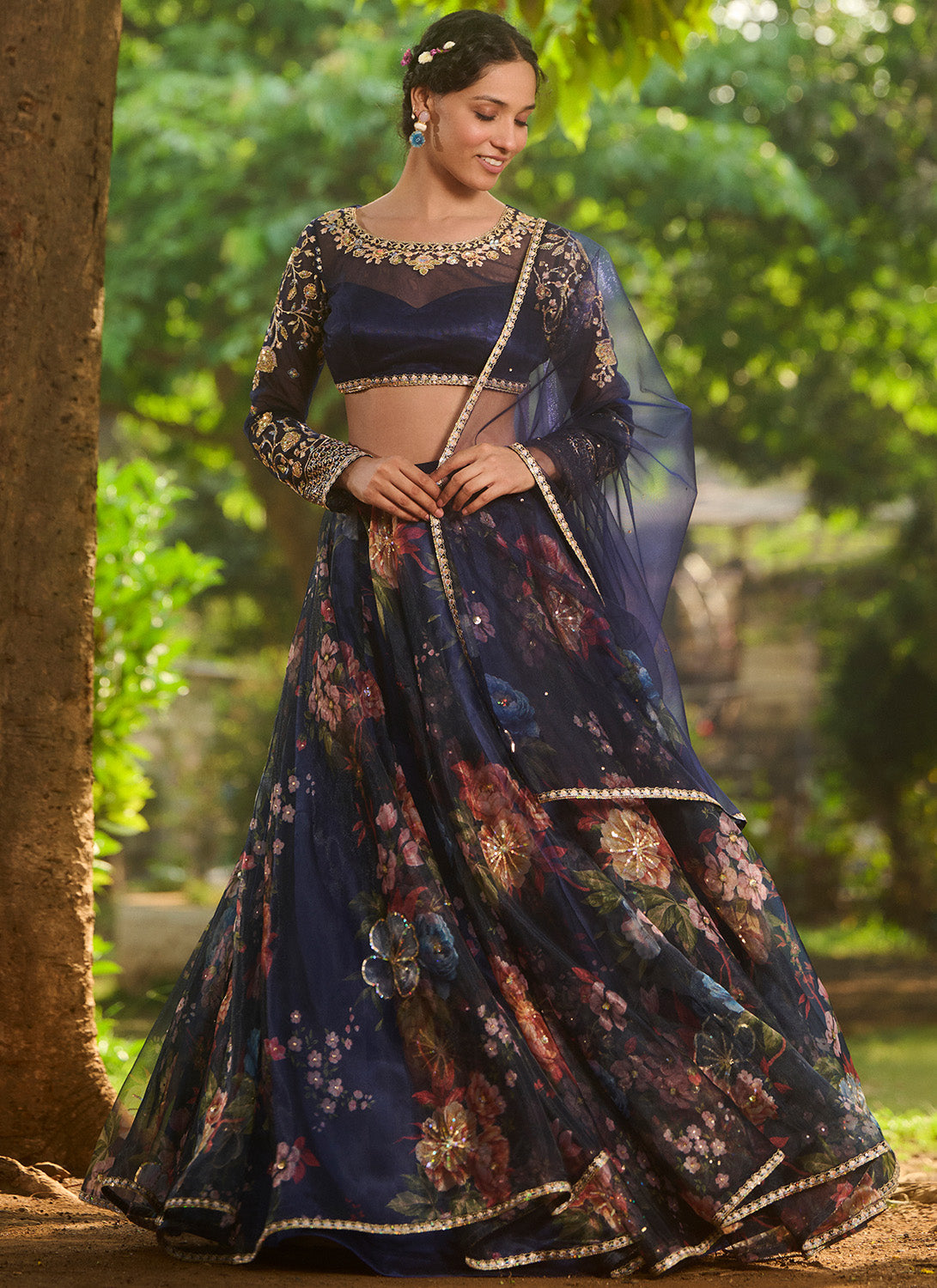 Navy Blue Floral Embroidered Lehenga