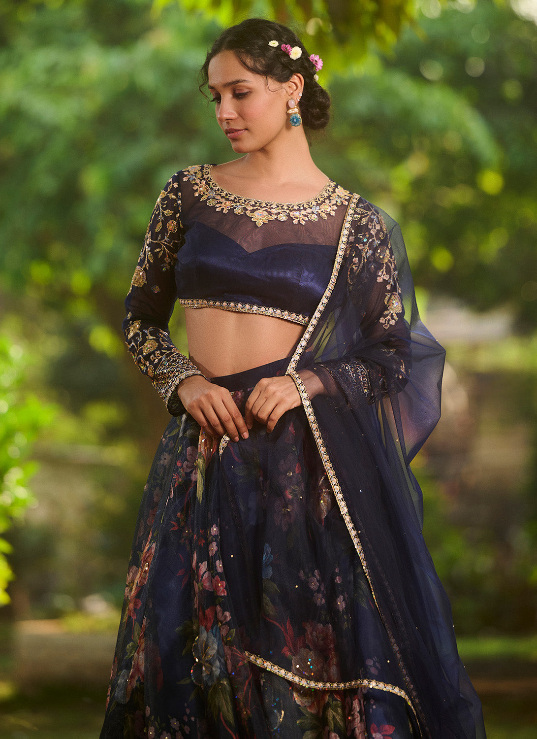 Navy Blue Floral Embroidered Lehenga