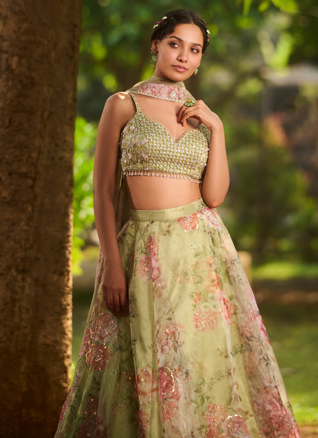 Dusty Green Floral Embroidered Lehenga