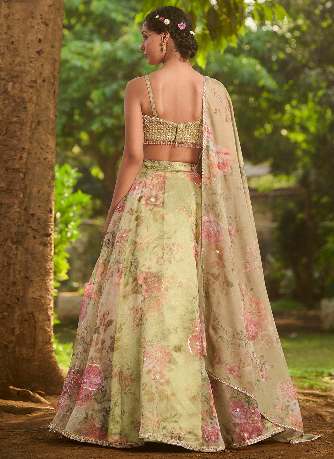 Dusty Green Floral Embroidered Lehenga