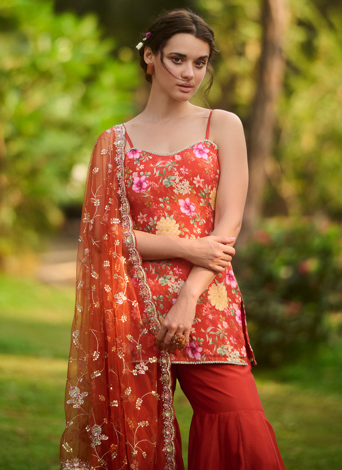 Orange Multicolor Floral Printed Gharara Suit