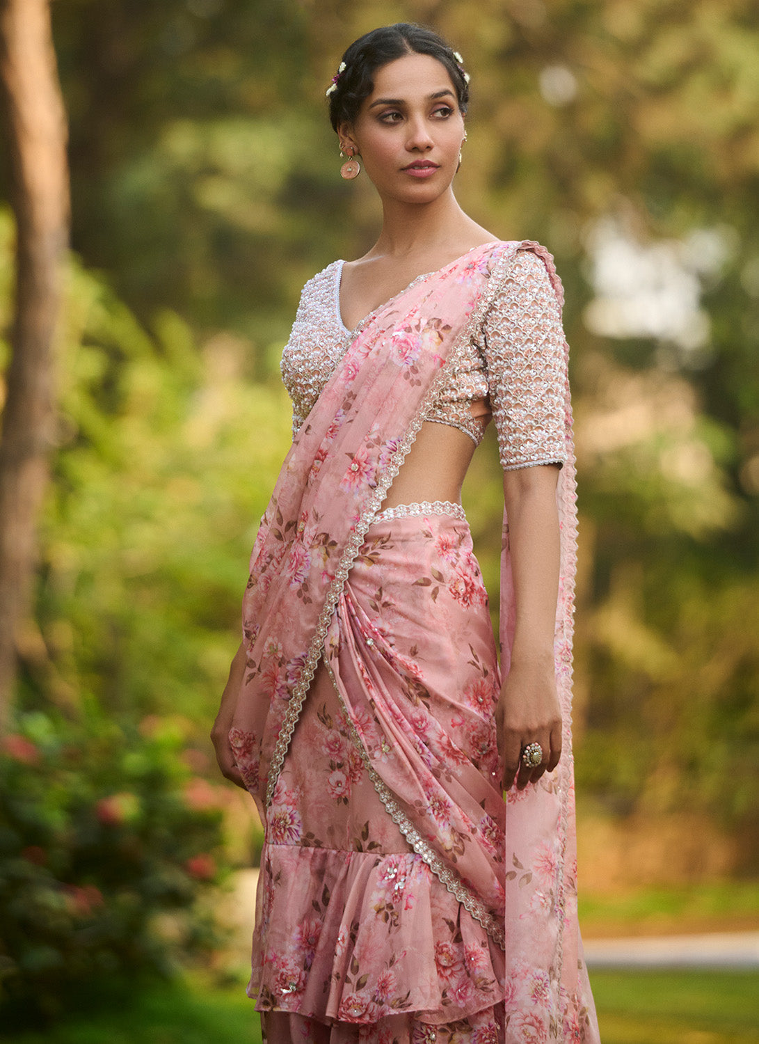 Light Pink Floral Embroidered Ruffled Saree