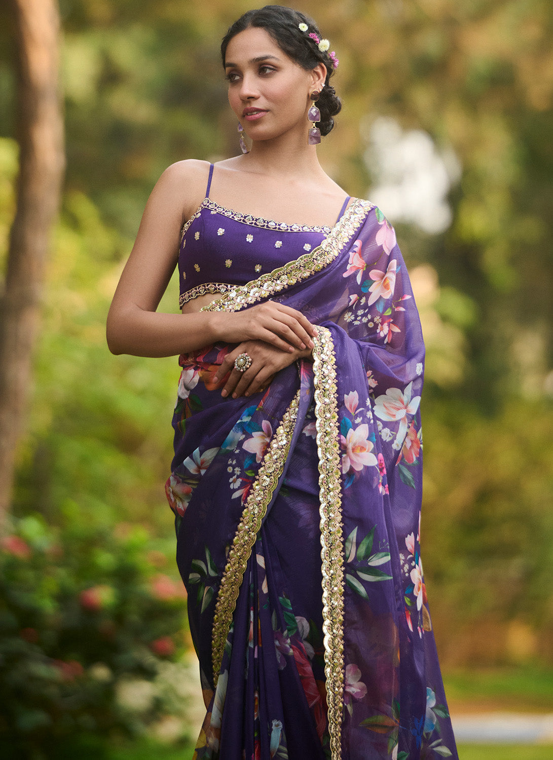 Purple Multicolor Floral Printed Saree