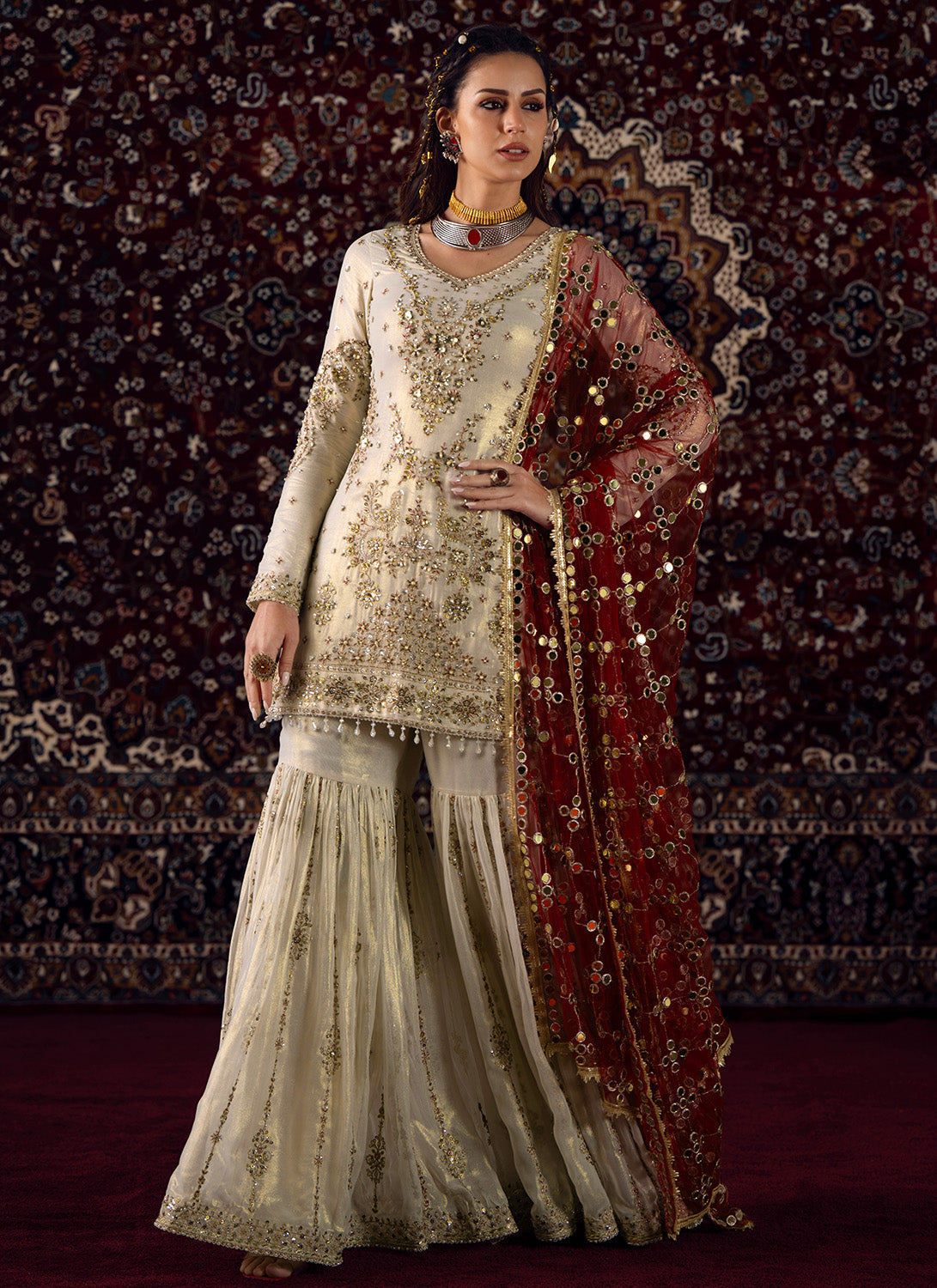 White and Maroon Embroidered Georgette Gharara