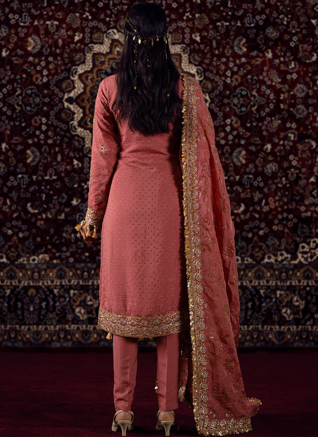 Coral Pink Embroidered Viscose Organza Straight Suit