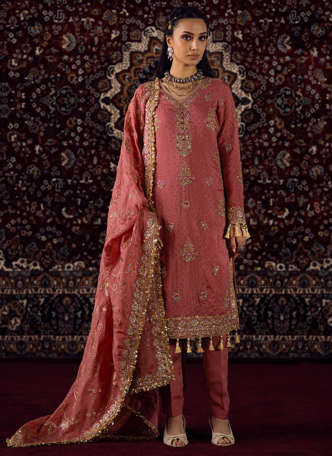 Coral Pink Embroidered Viscose Organza Straight Suit