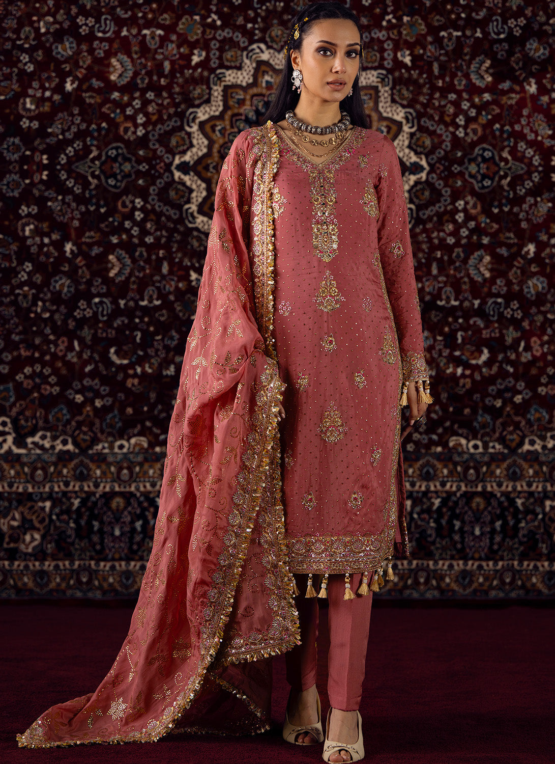 Coral Pink Embroidered Viscose Organza Straight Suit