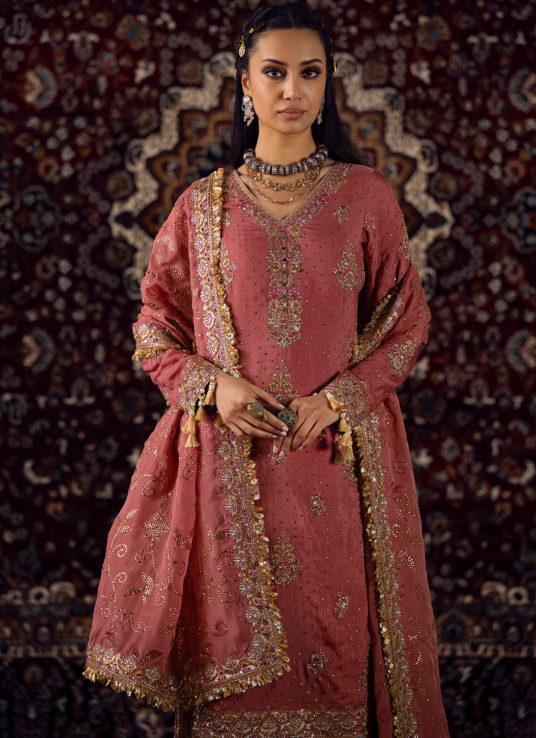Coral Pink Embroidered Viscose Organza Straight Suit