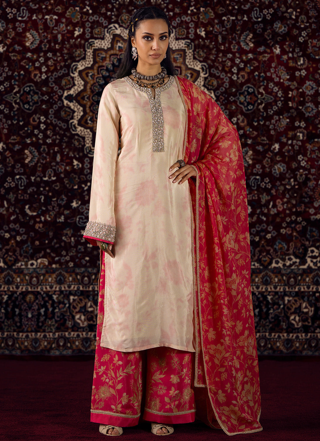 Off White and Pink Embroidered Silk Satin Palazzo Suit