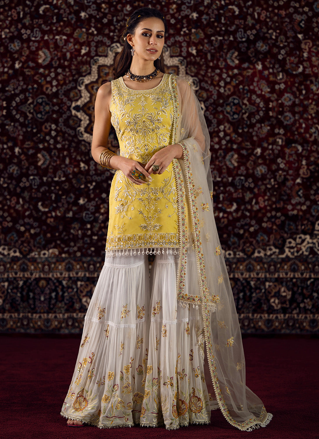 Yellow and White Embroidered Net Gharara Suit