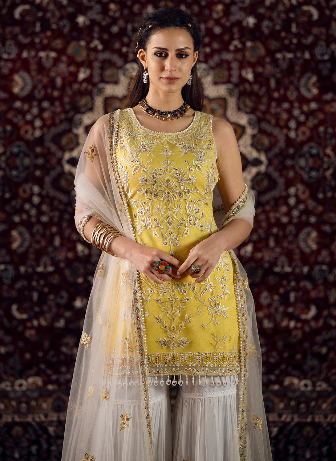 Yellow and White Embroidered Net Gharara Suit