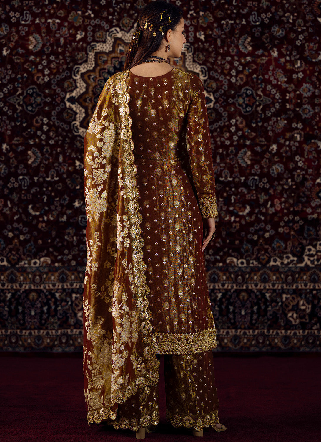 Deep Rust Embroidered Tissue Straight Suit
