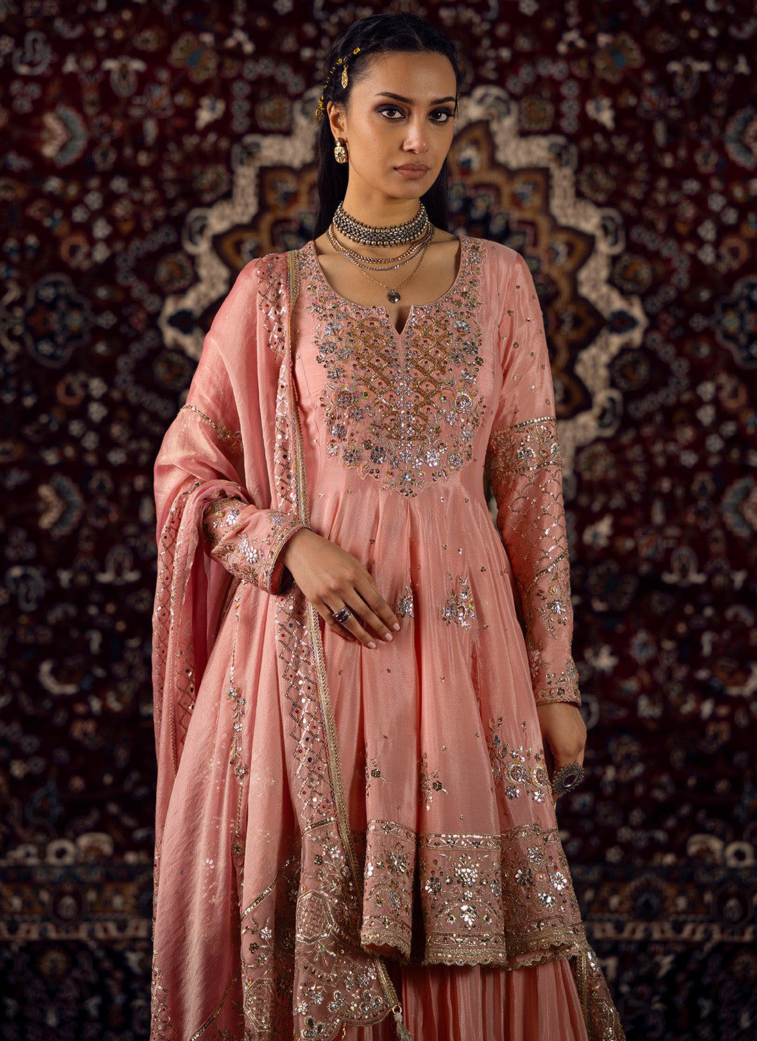Peachy Pink Embroidered Viscose Chinon Sharara