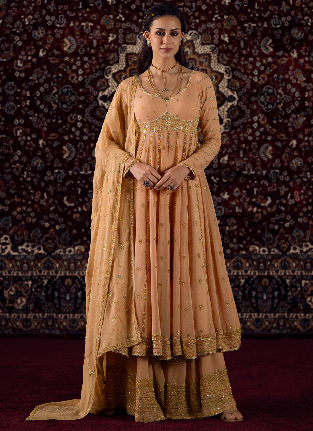 Soft Peach Embroidered Georgette Anarkali Style Sharara