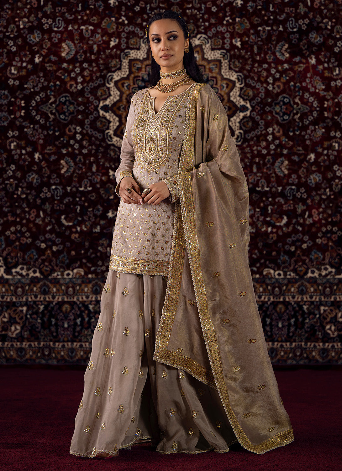 Dusty Lilac Embroidered Silk Sharara Suit