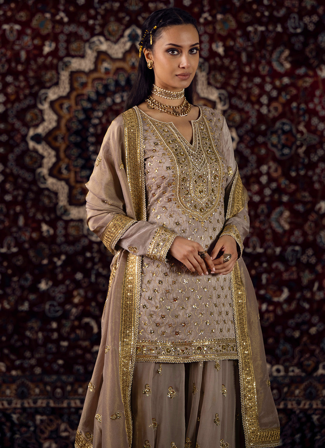 Dusty Lilac Embroidered Silk Sharara Suit