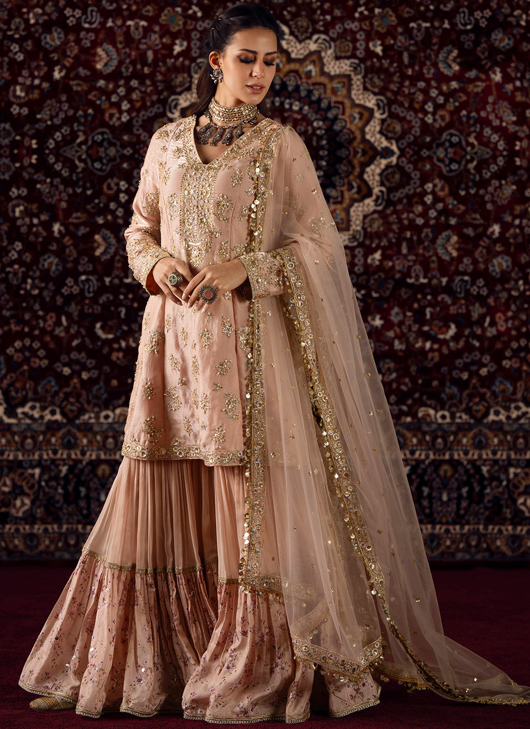 Peach Embroidered Satin Sharara Suit