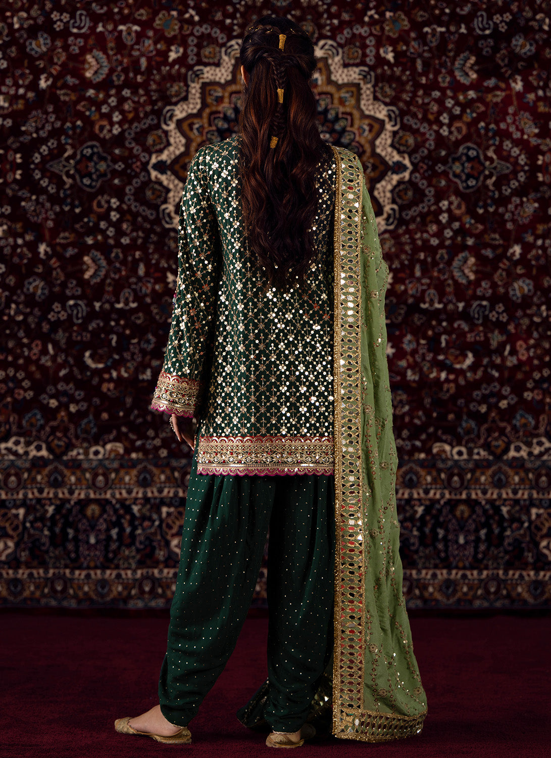 Emerald Green Embroidered Silk Punjabi Suit