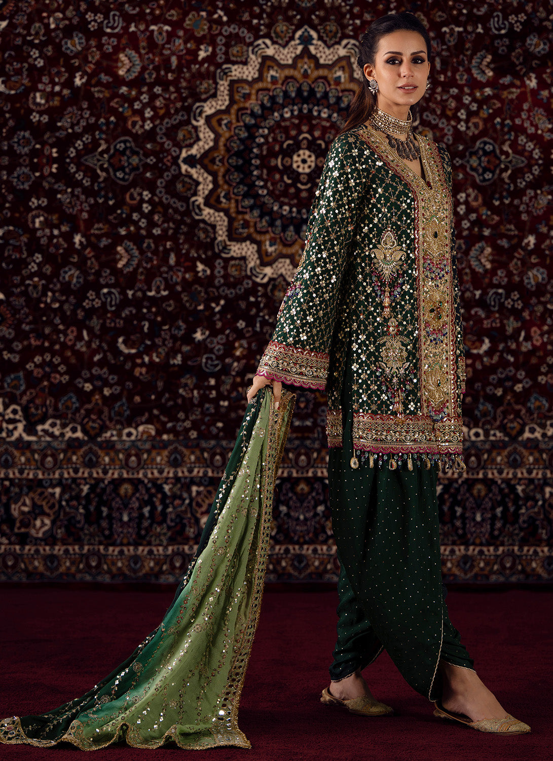 Emerald Green Embroidered Silk Punjabi Suit