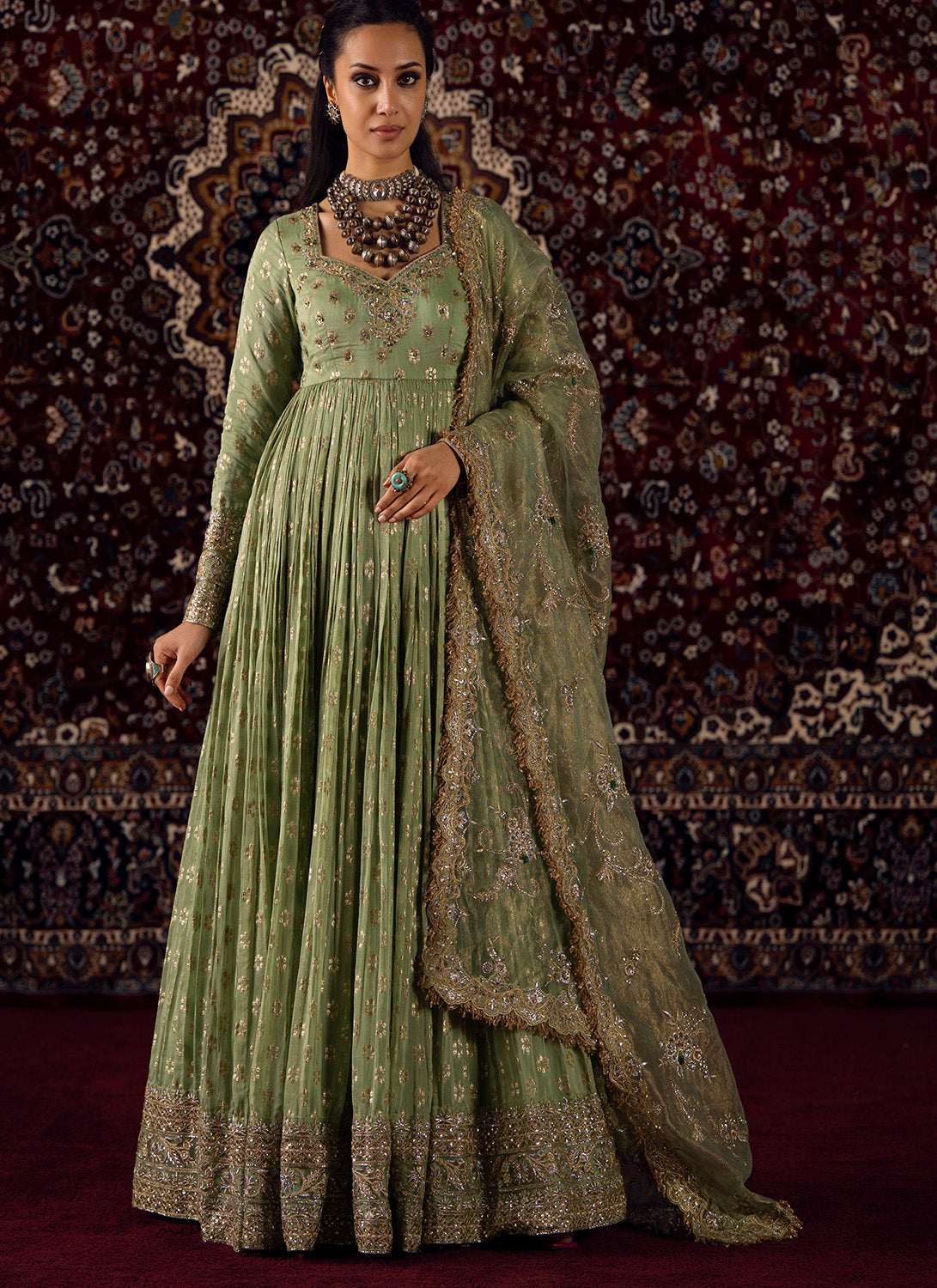Mint Green Embroidered Viscose Brocade Anarkali