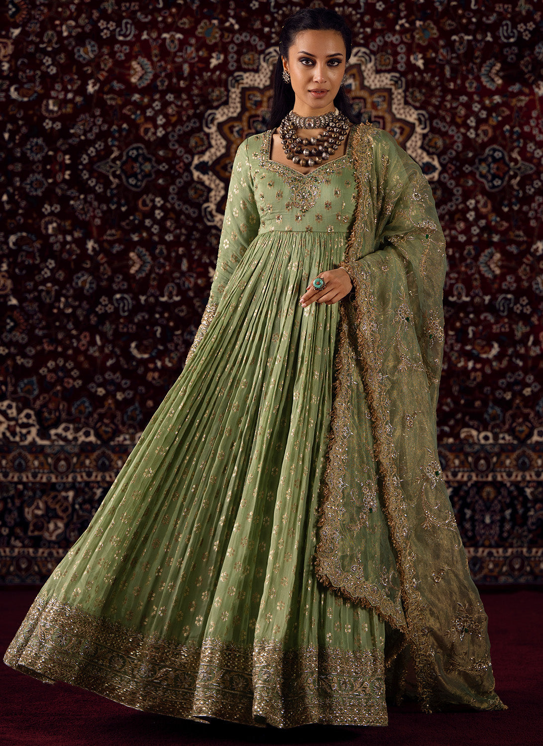 Mint Green Embroidered Viscose Brocade Anarkali