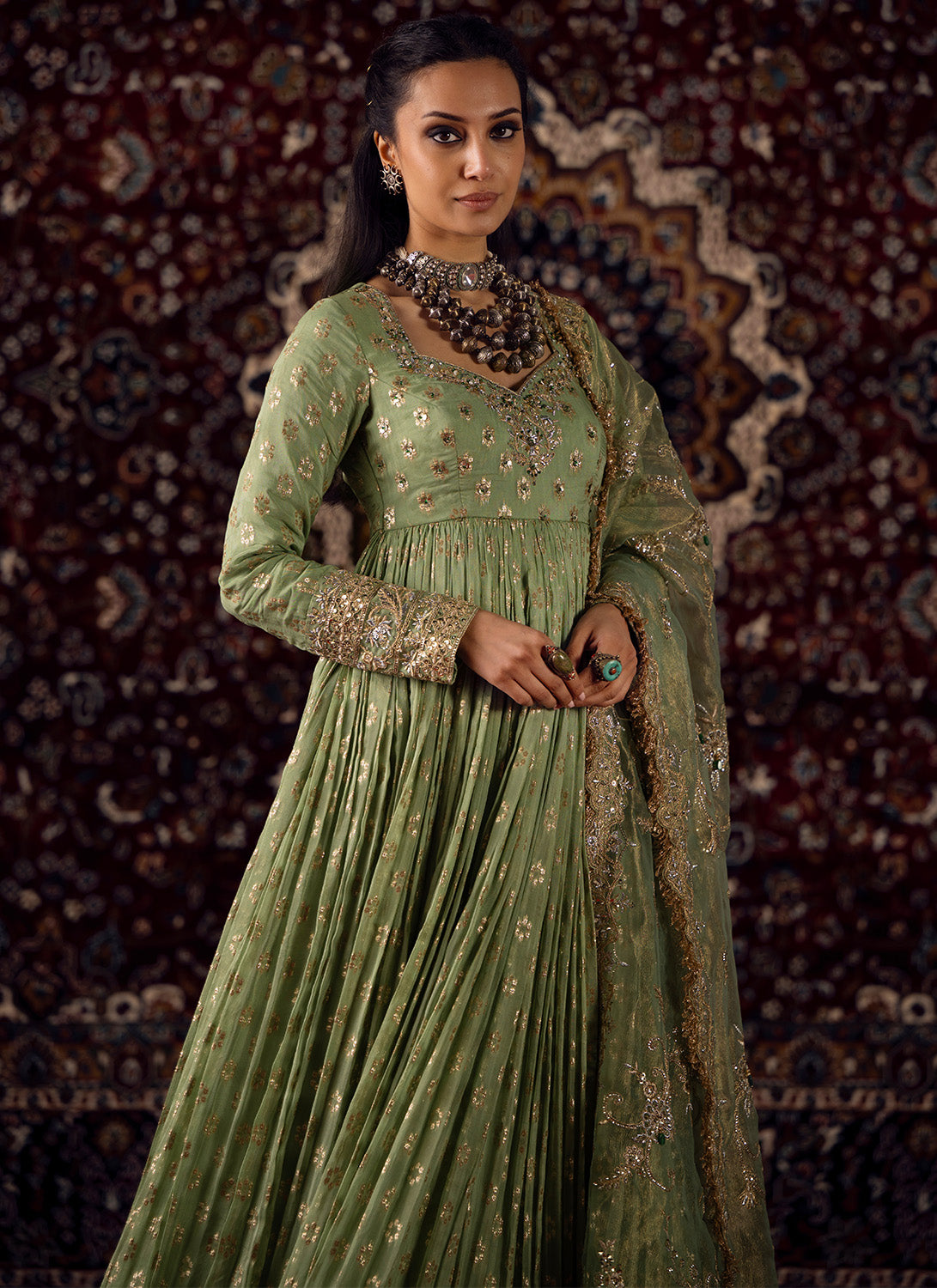 Mint Green Embroidered Viscose Brocade Anarkali