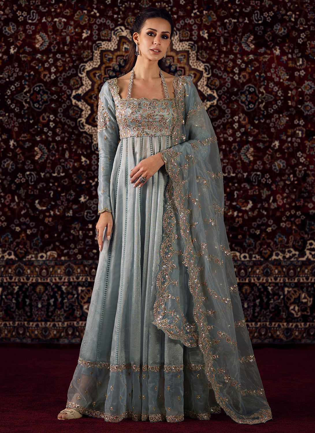 Dusty Blue Embroidered Organza Anarkali