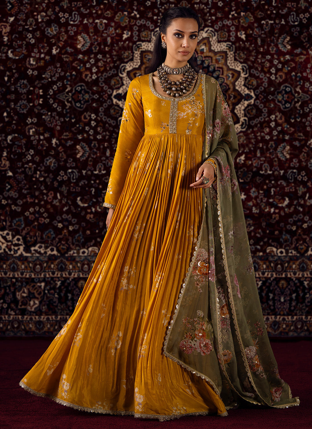 Yellow Embroidered Viscose Silk Anarkali