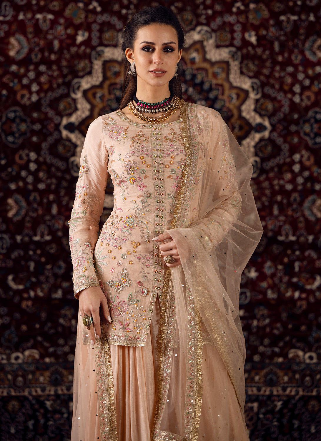 Soft Peach Embroidered Viscose Chinon Gharara