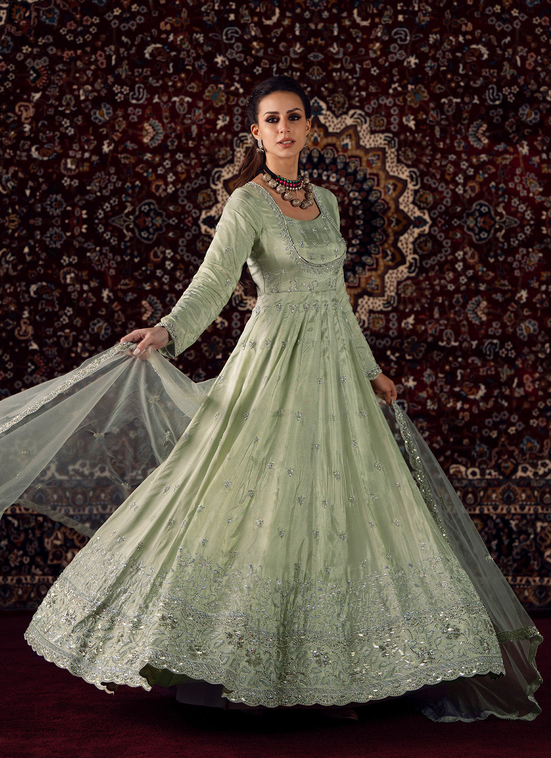 Soft Mint Embroidered Silk Anarkali