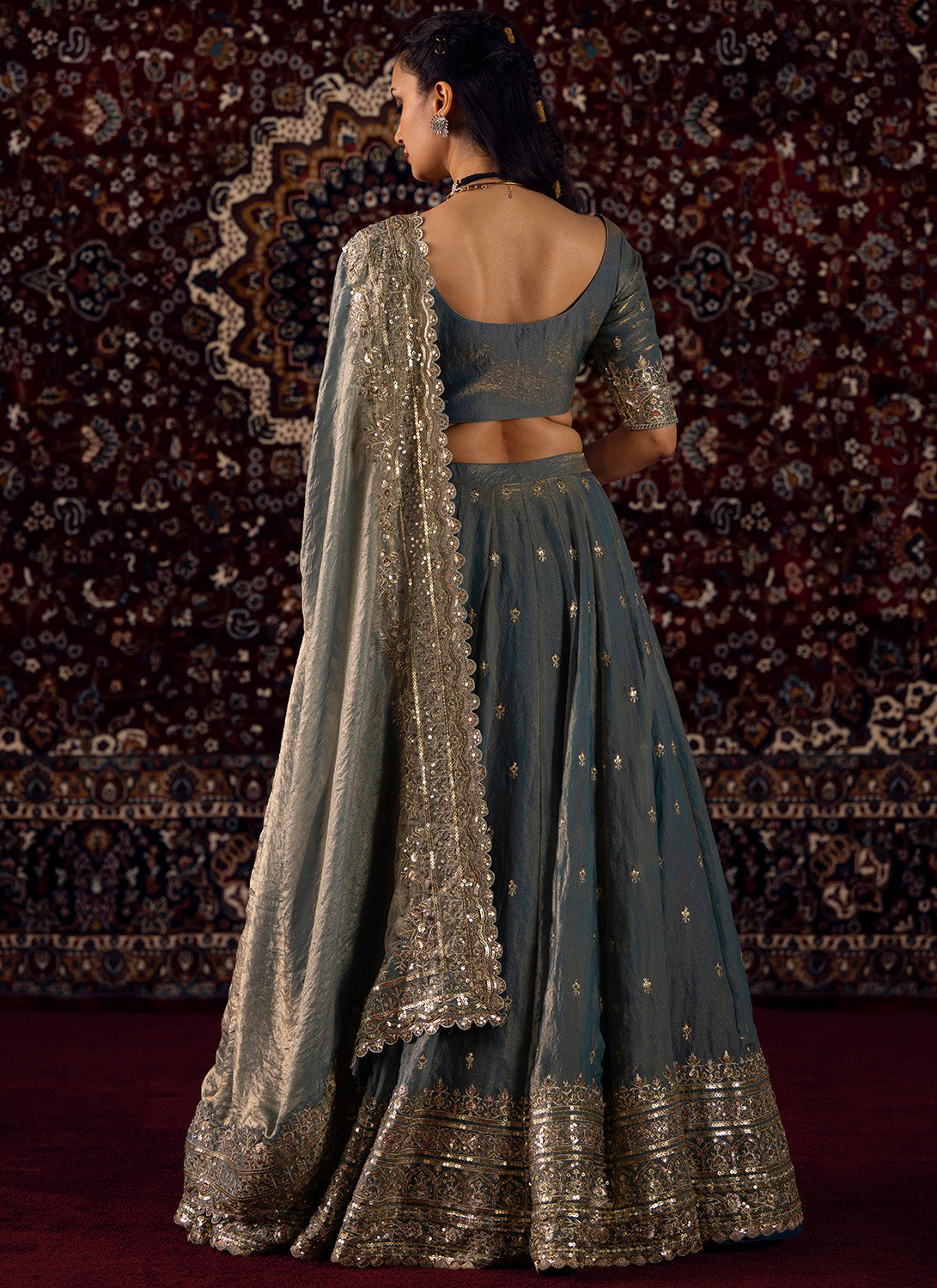 Dusty Blue Embroidered Satin Silk Lehenga