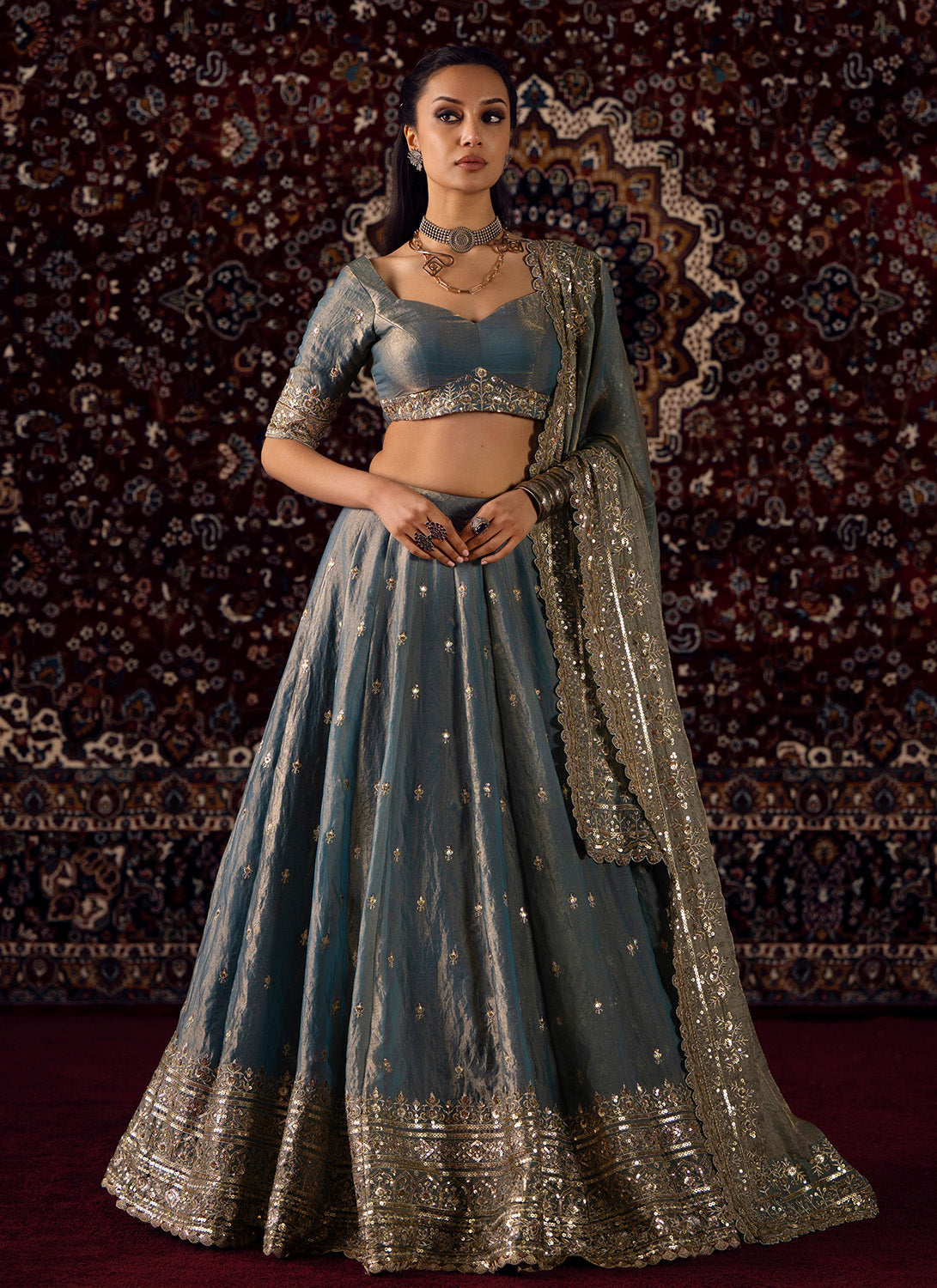 Dusty Blue Embroidered Satin Silk Lehenga