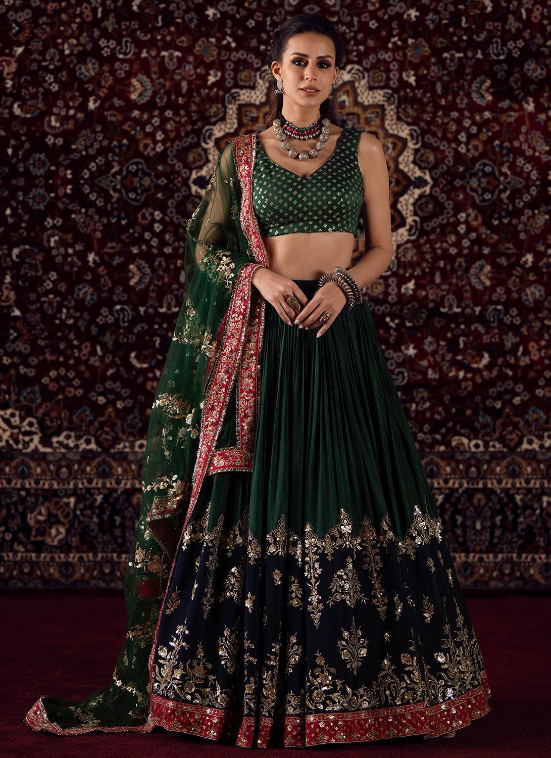 Green Embroidered Brocade Lehenga