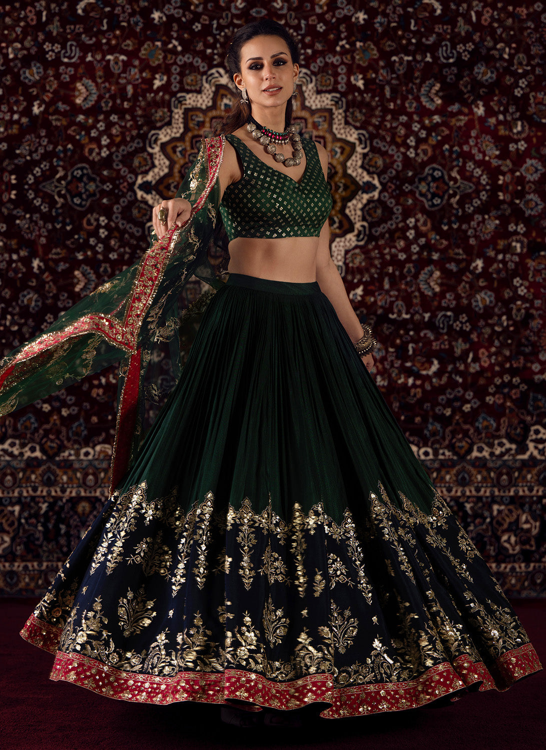 Green Embroidered Brocade Lehenga