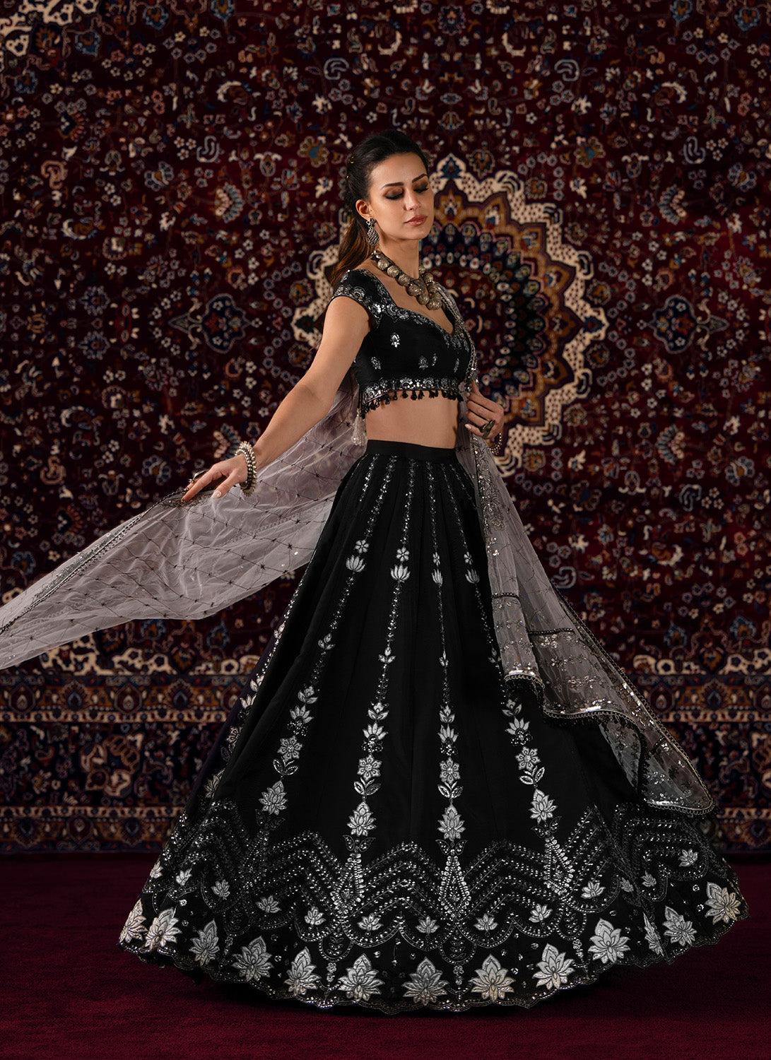 Black and White Embroidered Viscose Silk Lehenga