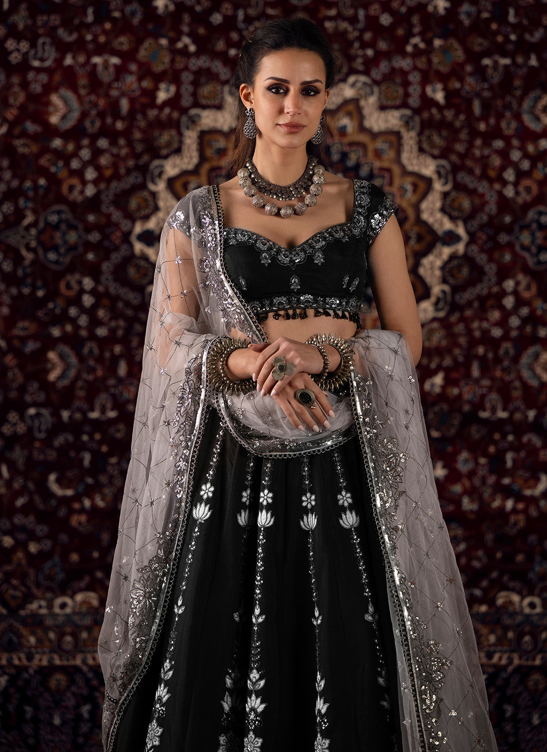 Black and White Embroidered Viscose Silk Lehenga