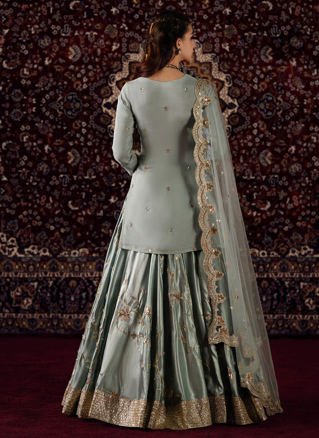 Mint Blue Embroidered Organza Kurti Style Lehenga