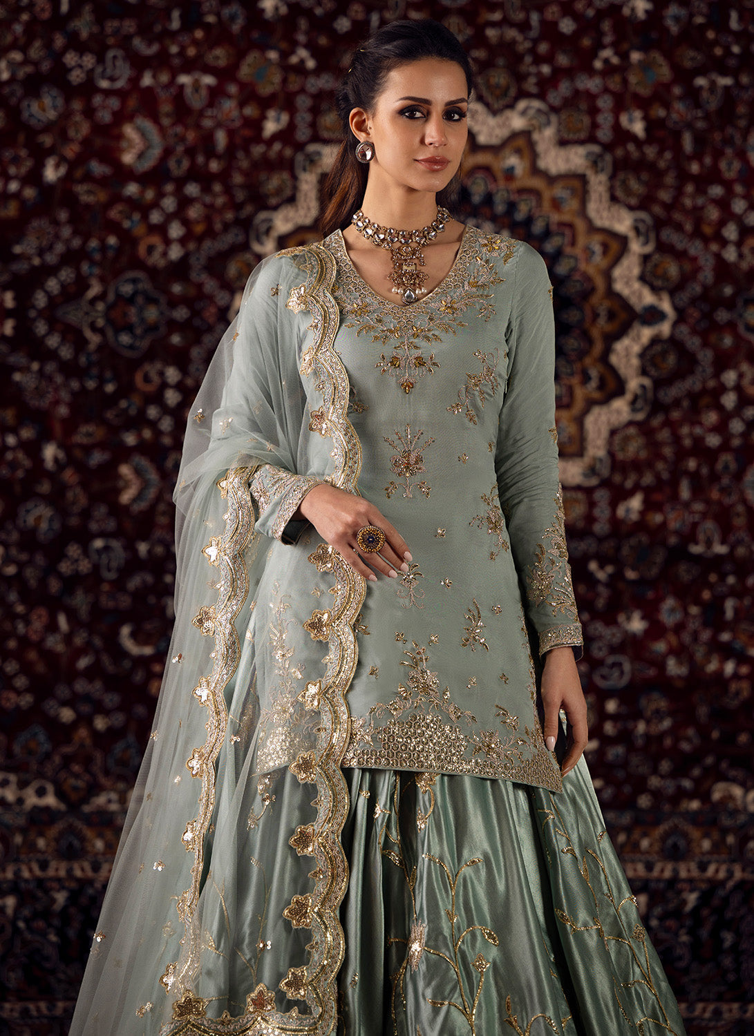 Mint Blue Embroidered Organza Kurti Style Lehenga