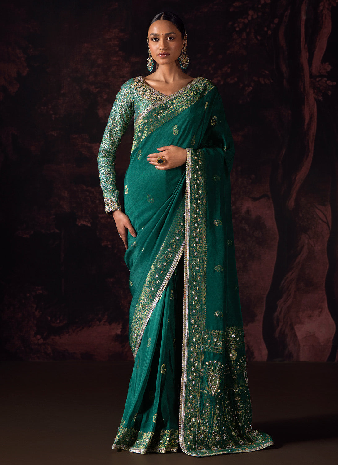 Emerald Green Embroidered Silk Saree