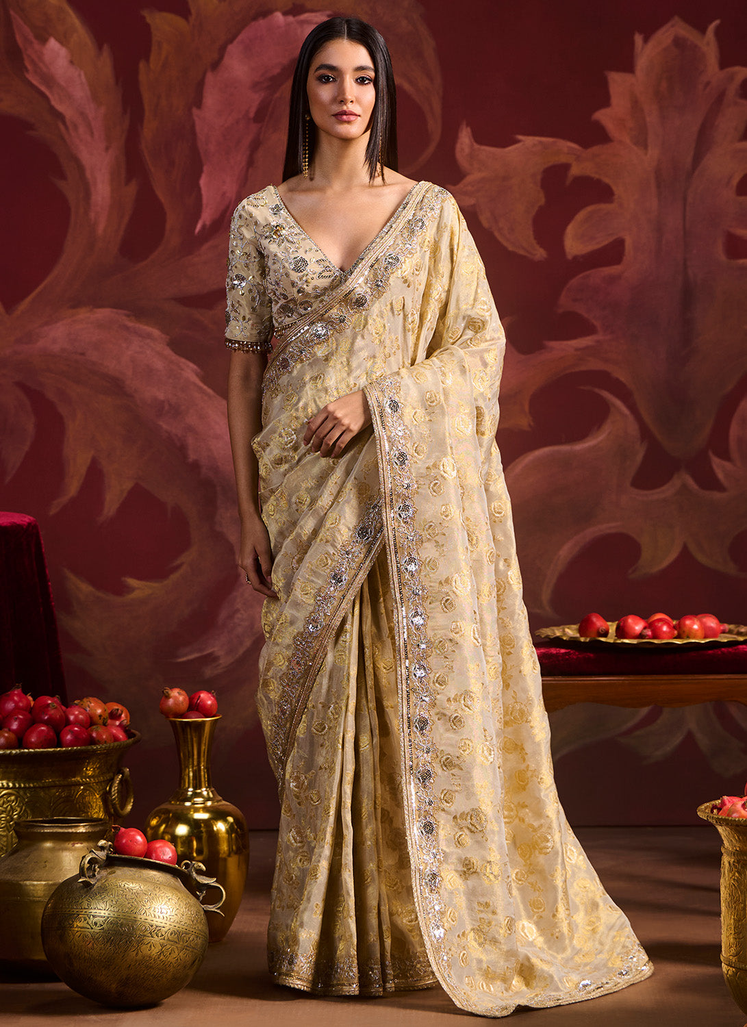 Gold Embroidered Brocade Saree